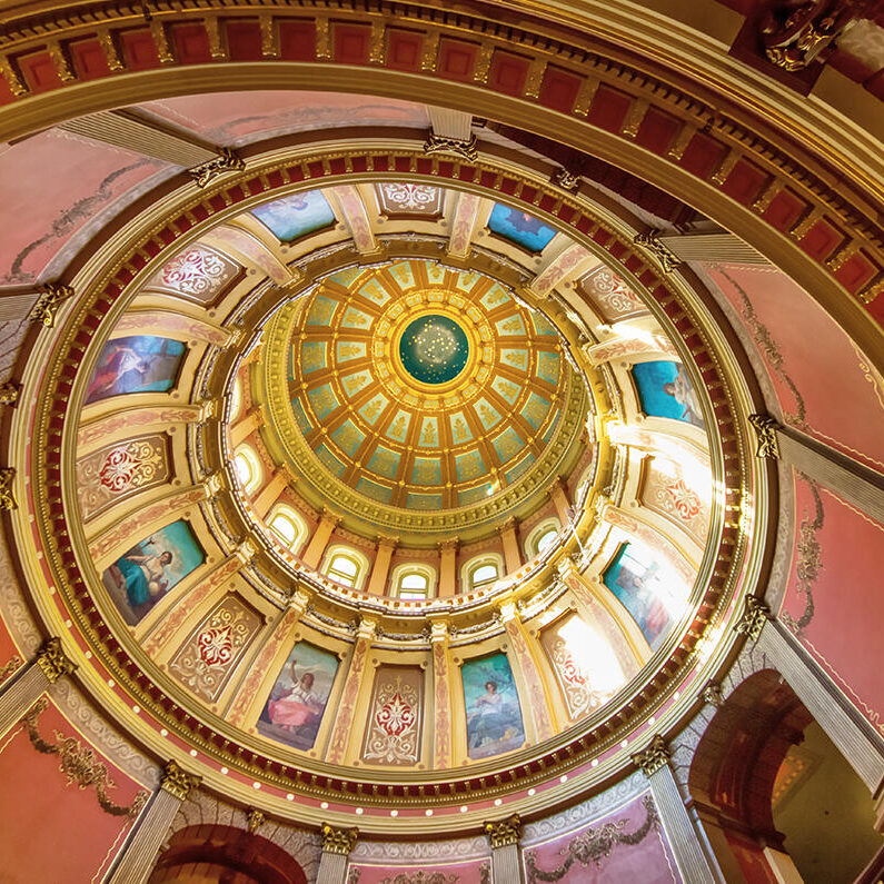 Lansing, Michigan, USA - January 20, 2018: Rotunda of the Michigan state capitol is considered an excellent example of neoclassical style architecture and tours of the capitol building are a popular activity for visitors to Lansing.